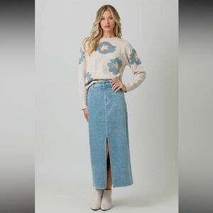 M18. NEW Mystree Corduroy Denim Blue Midi Skirt Vintage Blue Front Slit Detail